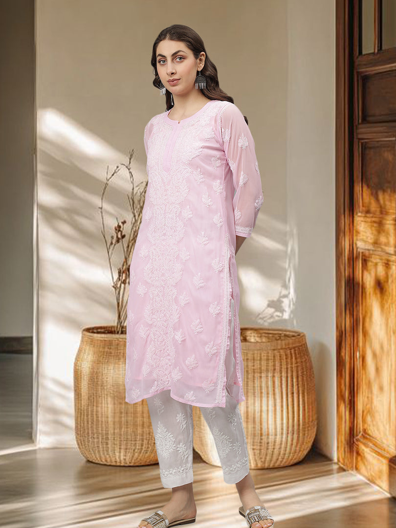 Seva Chikan Hand Embroidered Georgette Lucknowi Chikankari Kurta With Slip