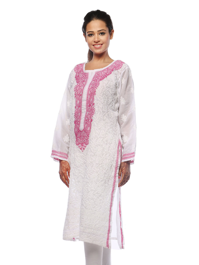 Seva Chikan Hand Embroidered White Cotton Lucknowi Chikan Kurta-SCL0678