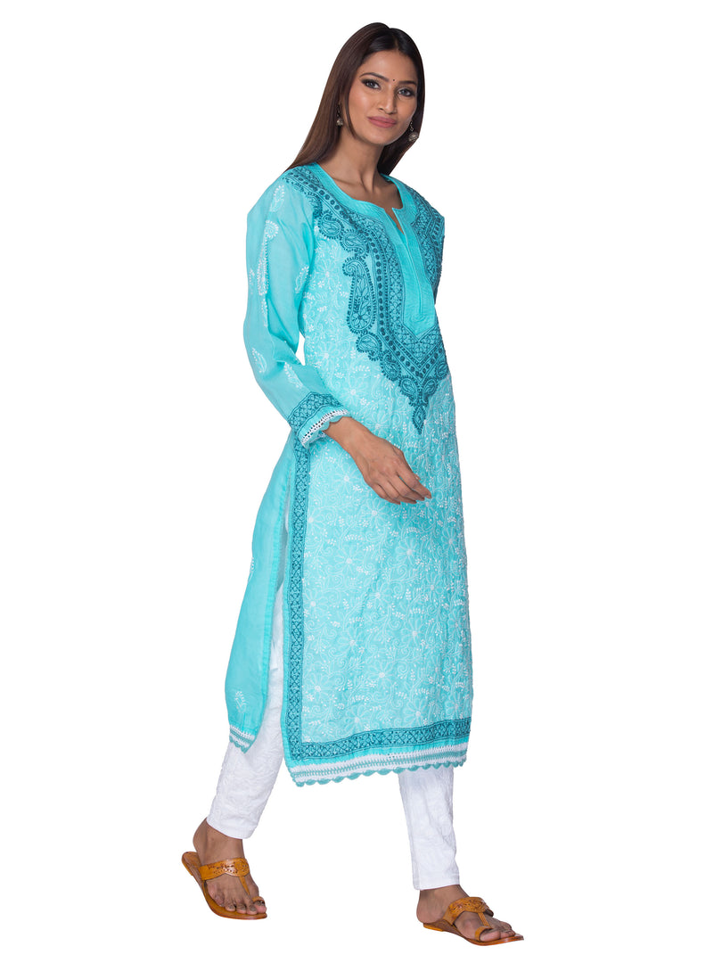 Seva Chikan Hand Embroidered Sea Green Cotton Lucknowi Chikan Kurta-SCL0909