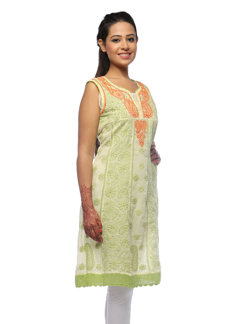 Seva Chikan Hand Embroidered Light Green Cotton Lucknowi Chikan Kurti-SCL0610