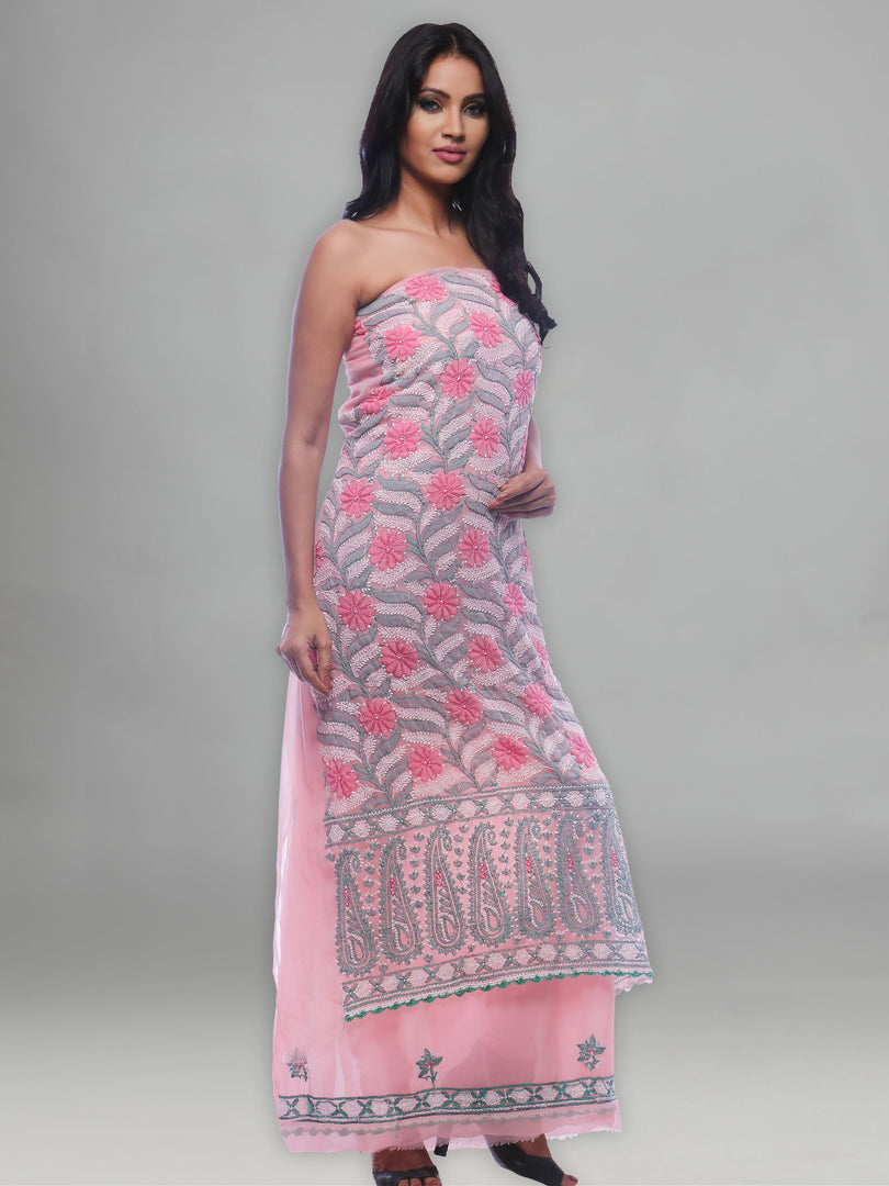 Seva Chikan Hand Embroidered Pink Georgette Lucknowi Chikankari Unstitched Suit Piece-SCL0072