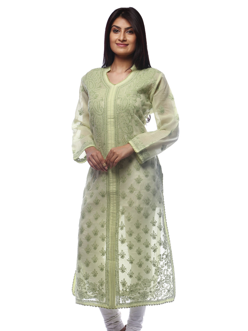 Seva Chikan Hand Embroidered Pista Green Cotton Lucknowi Chikan Kurti-SCL0266