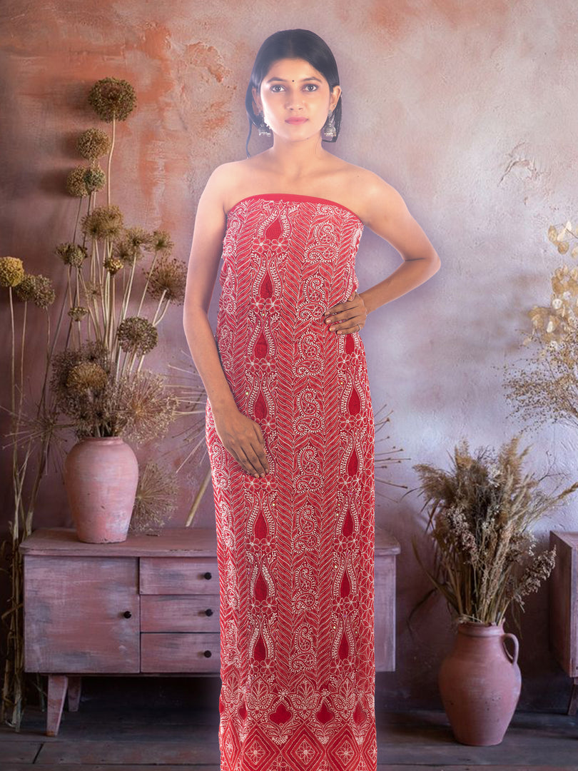 Seva Chikan Hand Embroidered Red Georgette Chikankari Unstitched Kurti Piece With Pearl & Sequins Work SCL1145