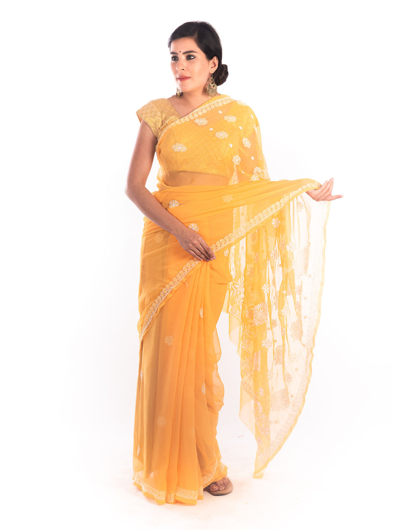 Seva Chikan Hand Embroidered Mustard Georgette Lucknowi Saree-SCL1170
