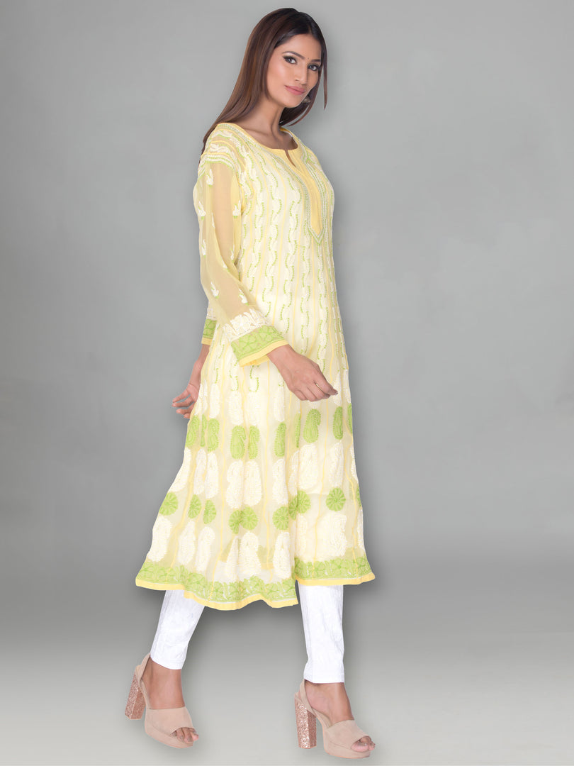 Seva Chikan Hand Embroidered Yellow Faux Georgette Lucknowi Chikankari Anarkali Kurta-SCL0961