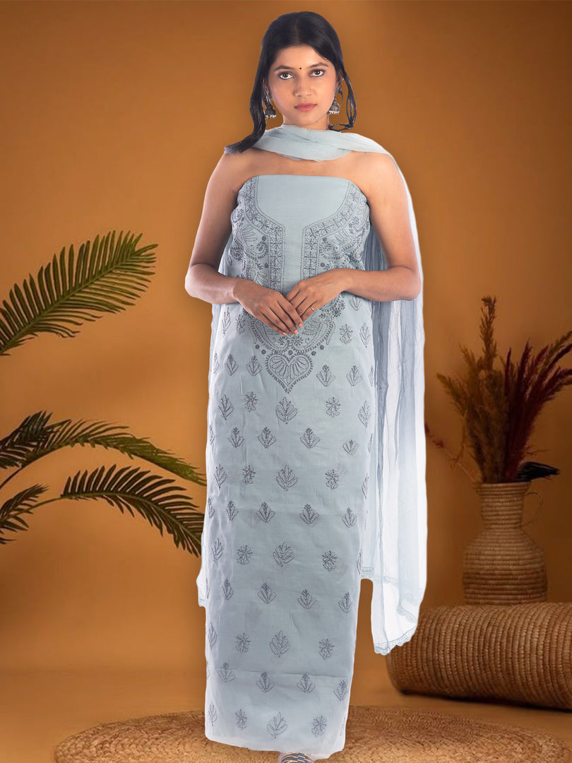 Seva Chikan Hand Embroidered Grey Cotton Lucknowi Chikan Unstitched Suit Piece SCL1114
