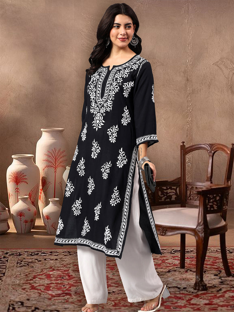 Seva Chikan Hand Embroidered Lucknowi Chikankari Black Rayon Kurta SCL4772