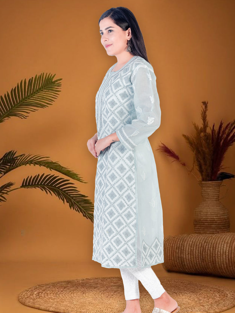 Seva Chikan Hand Embroidered Grey Cotton Lucknowi Chikan Kurti SCL1217