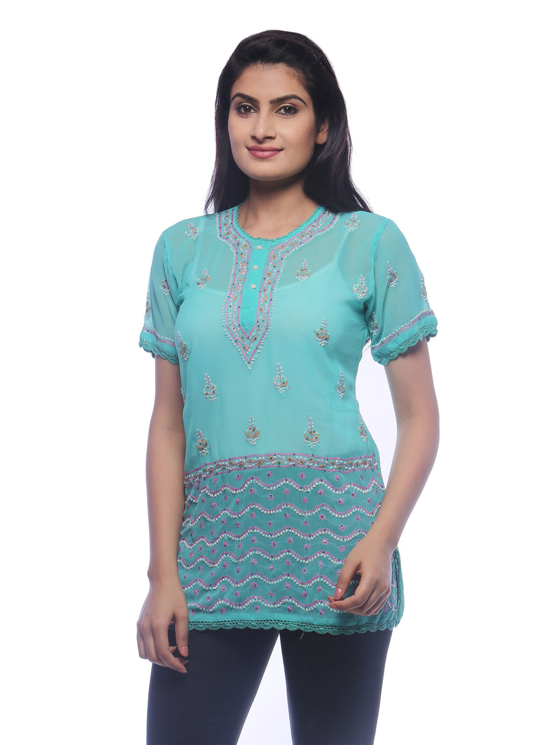 Seva Chikan Hand Embroidered Turquoise Georgette Lucknowi Chikankari Short Top With Sequins Work-SCL0172