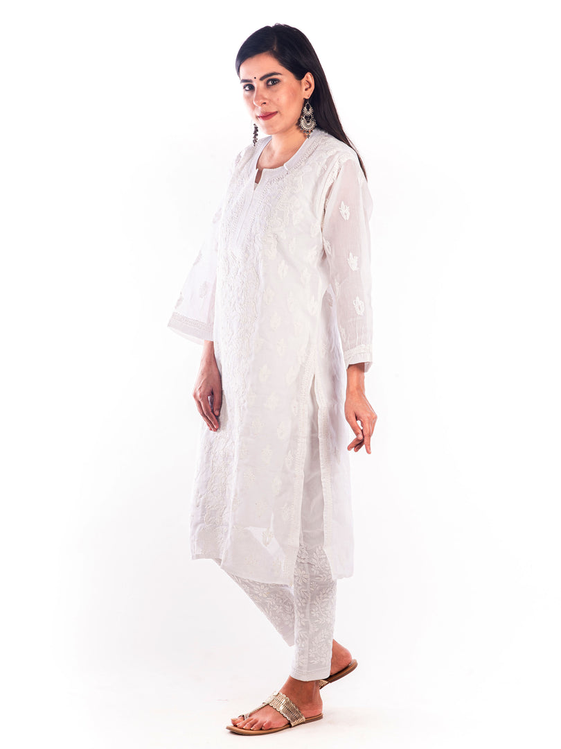 Seva Chikan Hand Embroidered White Cotton Lucknowi Chikan Kurta-SCL0945