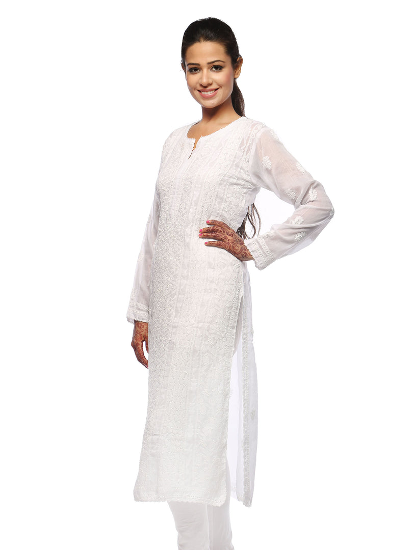 Seva Chikan Hand Embroidered White Cotton Lucknowi Chikan Kurta-SCL0632