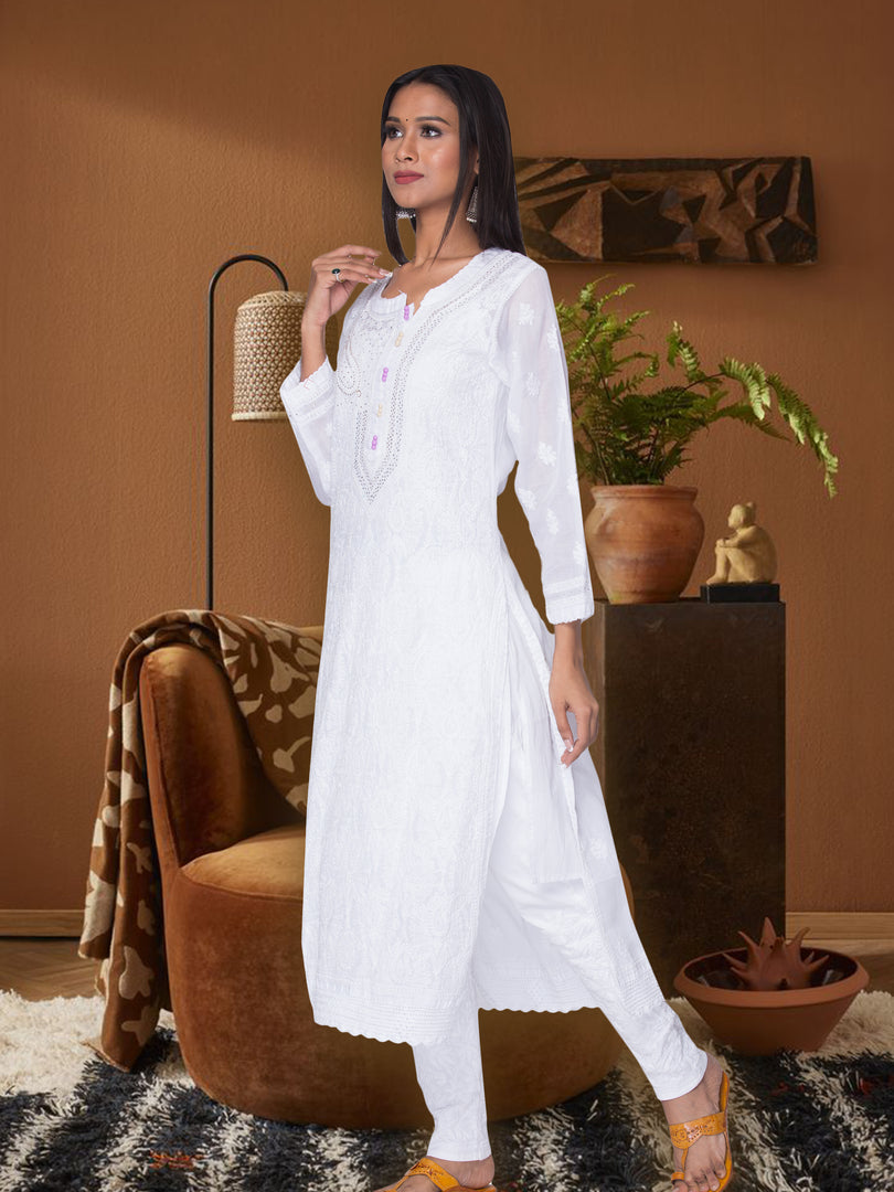 Seva Chikan Hand Embroidered White Cotton Lucknowi Chikan Kurti SCL1040