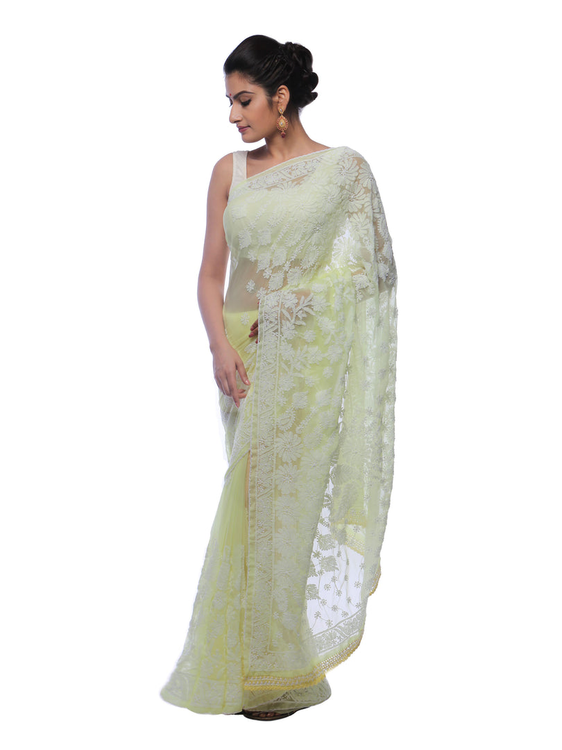 Seva Chikan Hand Embroidered Lemon Georgette Lucknowi Saree-SCL0414