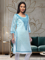 Load image into Gallery viewer, Seva Chikan Hand Embroidered Blue Cotton Lucknowi Chikan Kurti SCL0245
