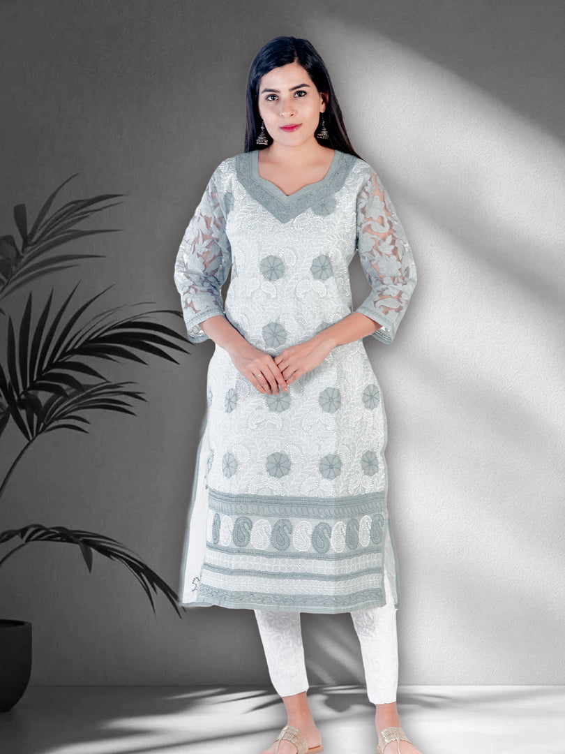 Seva Chikan Hand Embroidered Grey Cotton Lucknowi Chikan Kurti SCL1207