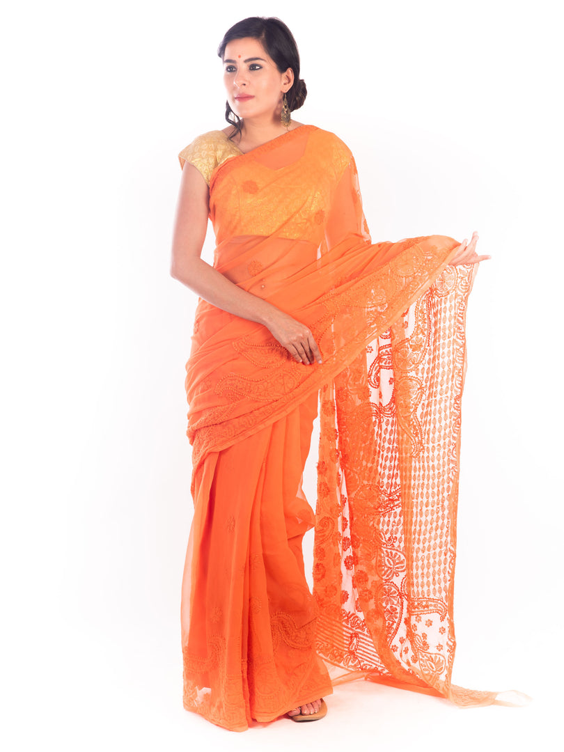 Seva Chikan Hand Embroidered Dark Orange Georgette Lucknowi Saree-SCL1180