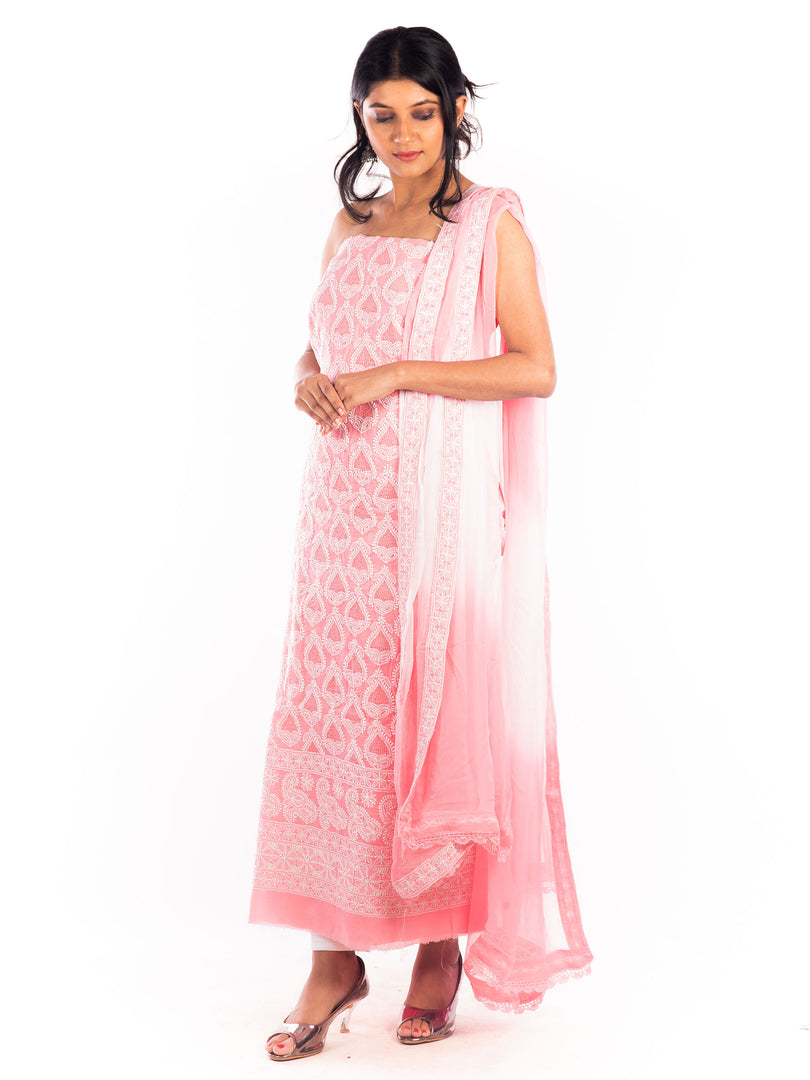 Seva Chikan Hand Embroidered Cotton Lucknowi Chikankari Unstitched Suit Piece With Jaali Work
