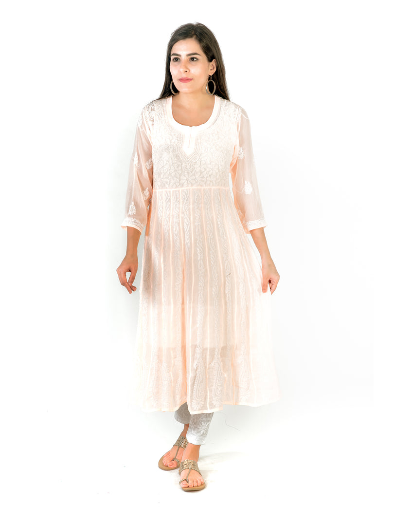 Seva Chikan Hand Embroidered Light Peach Georgette Lucknowi Chikankari Anarkali-SCL1254