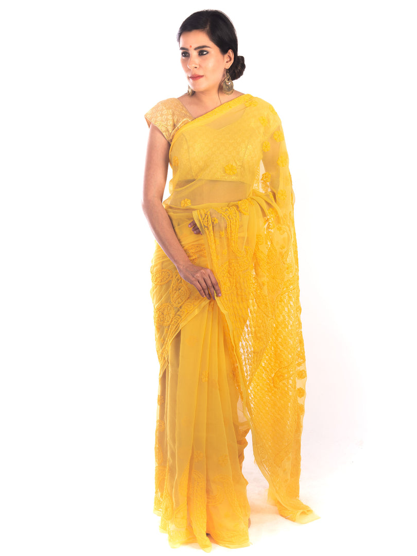 Seva Chikan Hand Embroidered Yellow Georgette Lucknowi Saree-SCL1182