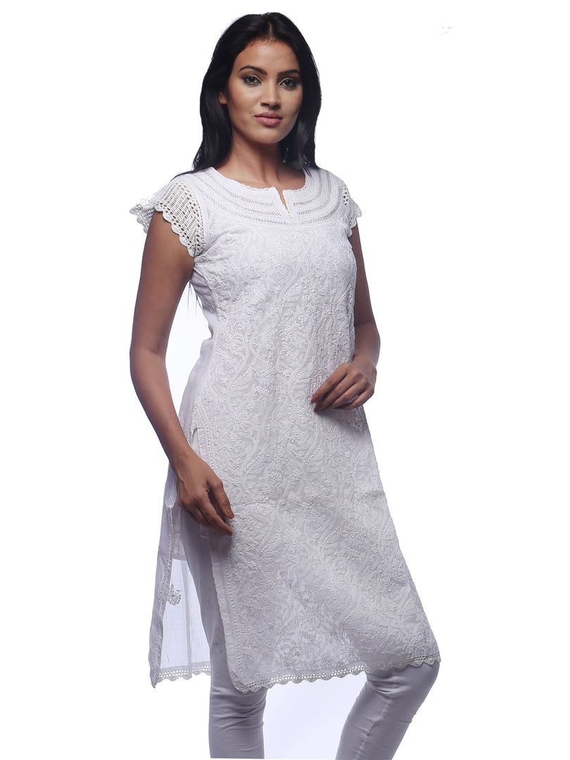 Seva Chikan Hand Embroidered White Cotton Lucknowi Chikan Kurti-SCL0221