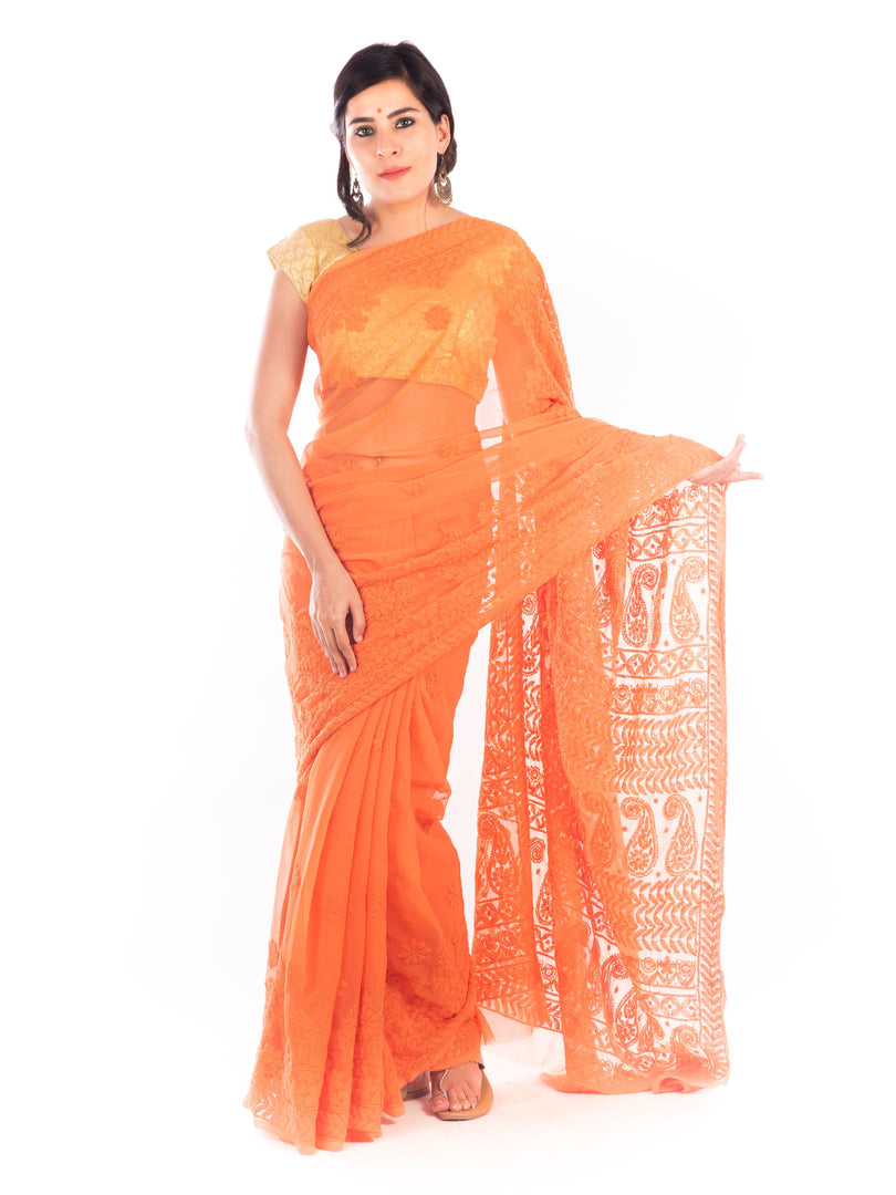 Seva Chikan Hand Embroidered Orange Georgette Lucknowi Saree-SCL1186