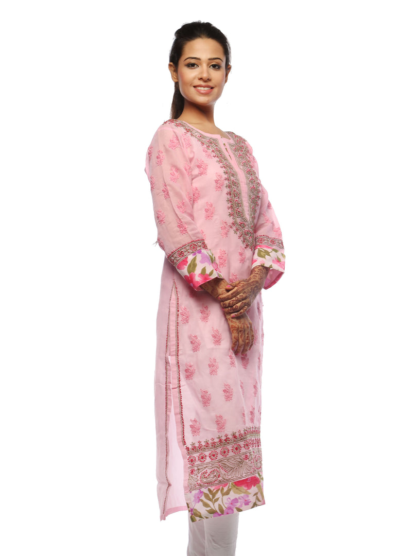 Seva Chikan Hand Embroidered Pink Cotton Lucknowi Chikan Kurta-SCL0647