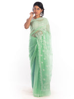 Load image into Gallery viewer, Seva Chikan Hand Embroidered Light Green Georgette Lucknowi Saree With Pearl Work-SCL1190
