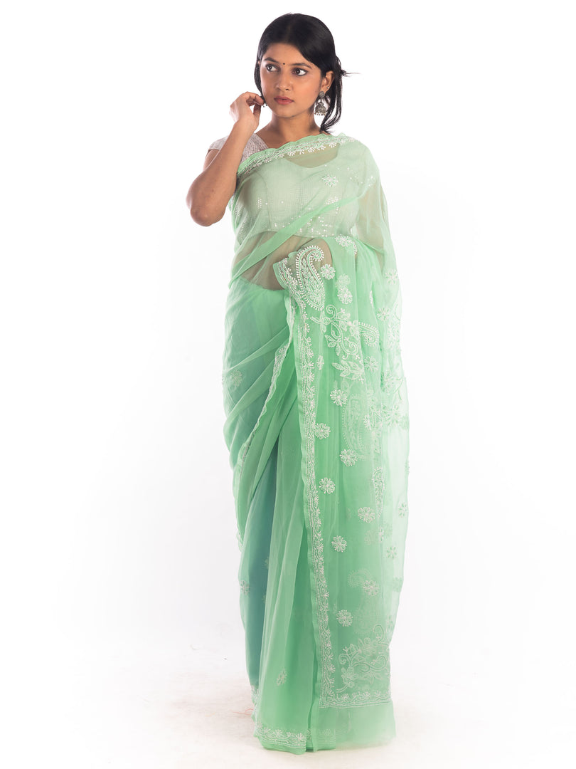 Seva Chikan Hand Embroidered Light Green Georgette Lucknowi Saree With Pearl Work-SCL1190