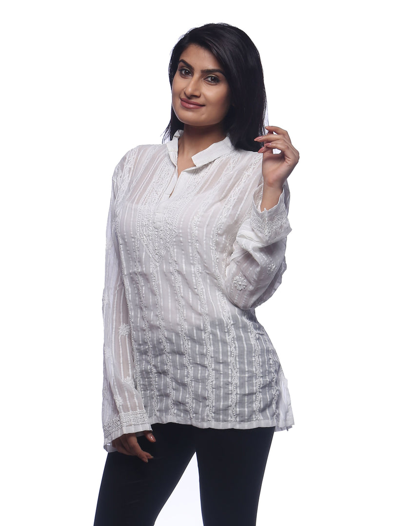 Seva Chikan Hand Embroidered White Cotton Lucknowi Chikankari Short Top-SCL0174