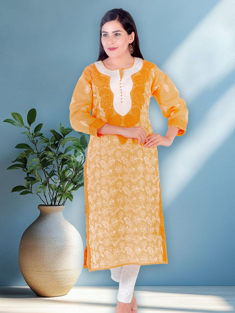 Seva Chikan Hand Embroidered Brown Cotton Lucknowi Chikan Kurti SCL1229