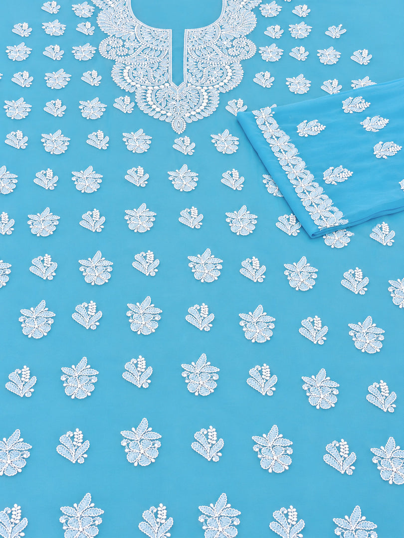 Seva Chikan Hand Embroidered Blue Georgette Lucknowi Chikankari Unstitched Suit Piece-SEV15047
