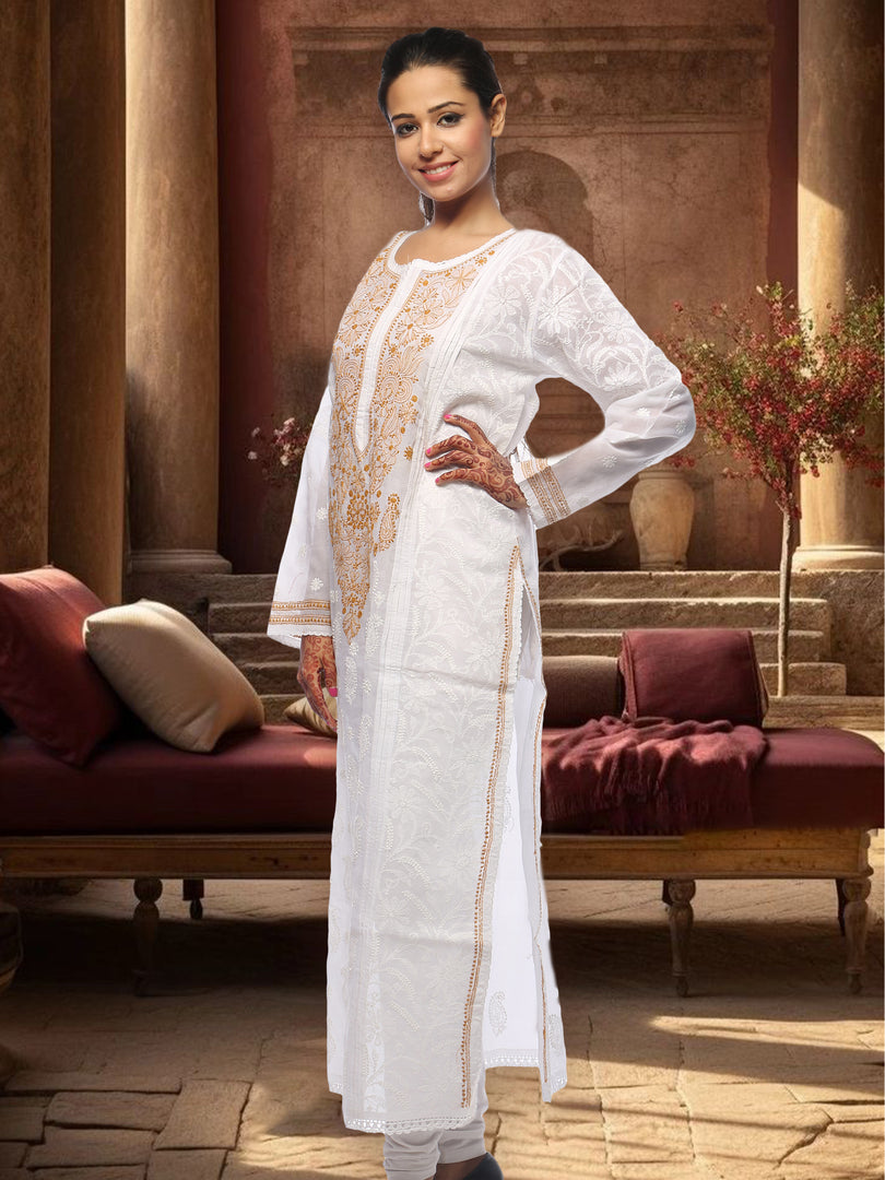 Seva Chikan Hand Embroidered White Cotton Lucknowi Chikan Kurta-SCL0682