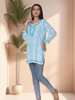 Load image into Gallery viewer, Seva Chikan Hand Embroidered Sky Blue Georgette Lucknowi Chikan Kurti SCL1059
