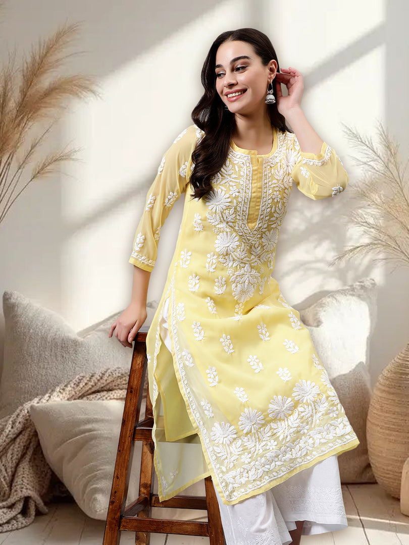 Seva Chikan Hand Embroidered Georgette Chikankari Kurta With Matching Slip