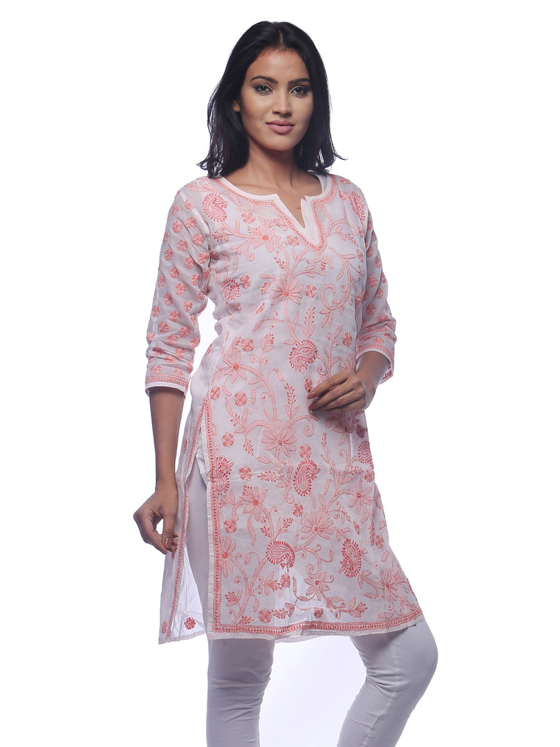 Seva Chikan Hand Embroidered White Cotton Lucknowi Chikan Kurti-SCL0205