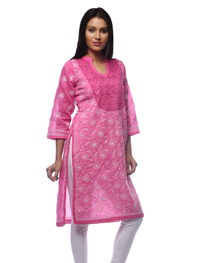 Seva Chikan Hand Embroidered Dark Pink Cotton Lucknowi Chikan Kurti-SCL0261