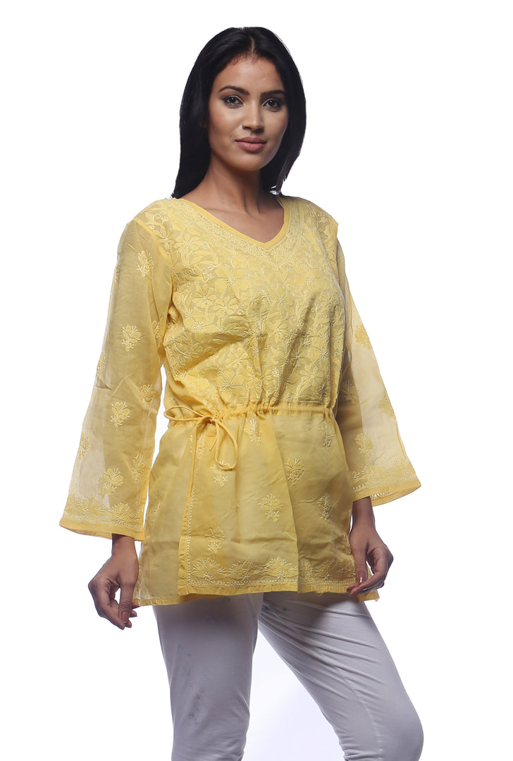 Seva Chikan Hand Embroidered Yellow Cotton Lucknowi Chikankari Short Top-SCL0186