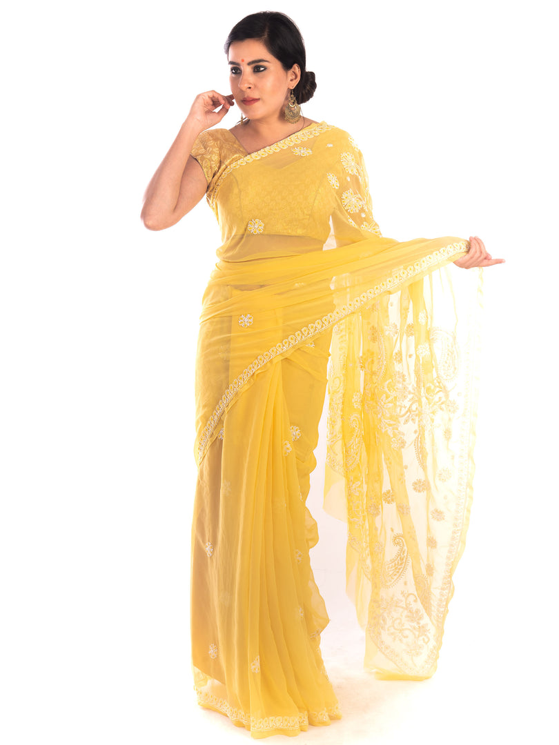 Seva Chikan Hand Embroidered Yellow Georgette Lucknowi Saree With Pearl Work-SCL1199