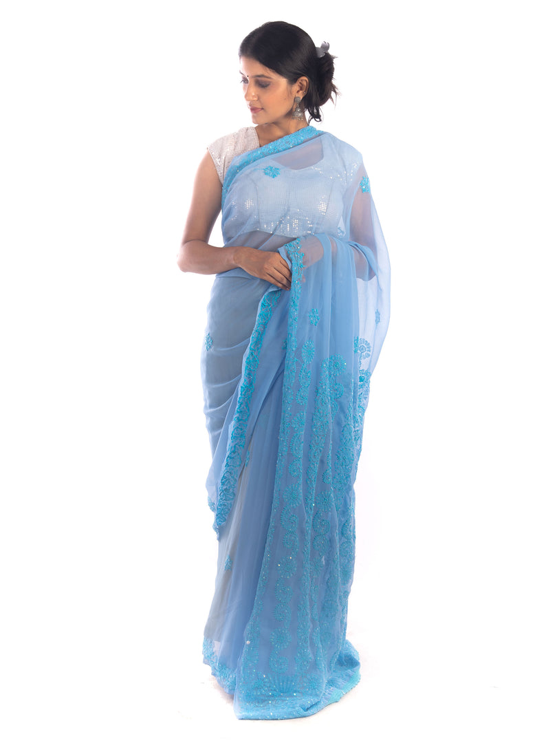 Seva Chikan Hand Embroidered Blue Georgette Lucknowi Saree With Sequins Work-SCL1757