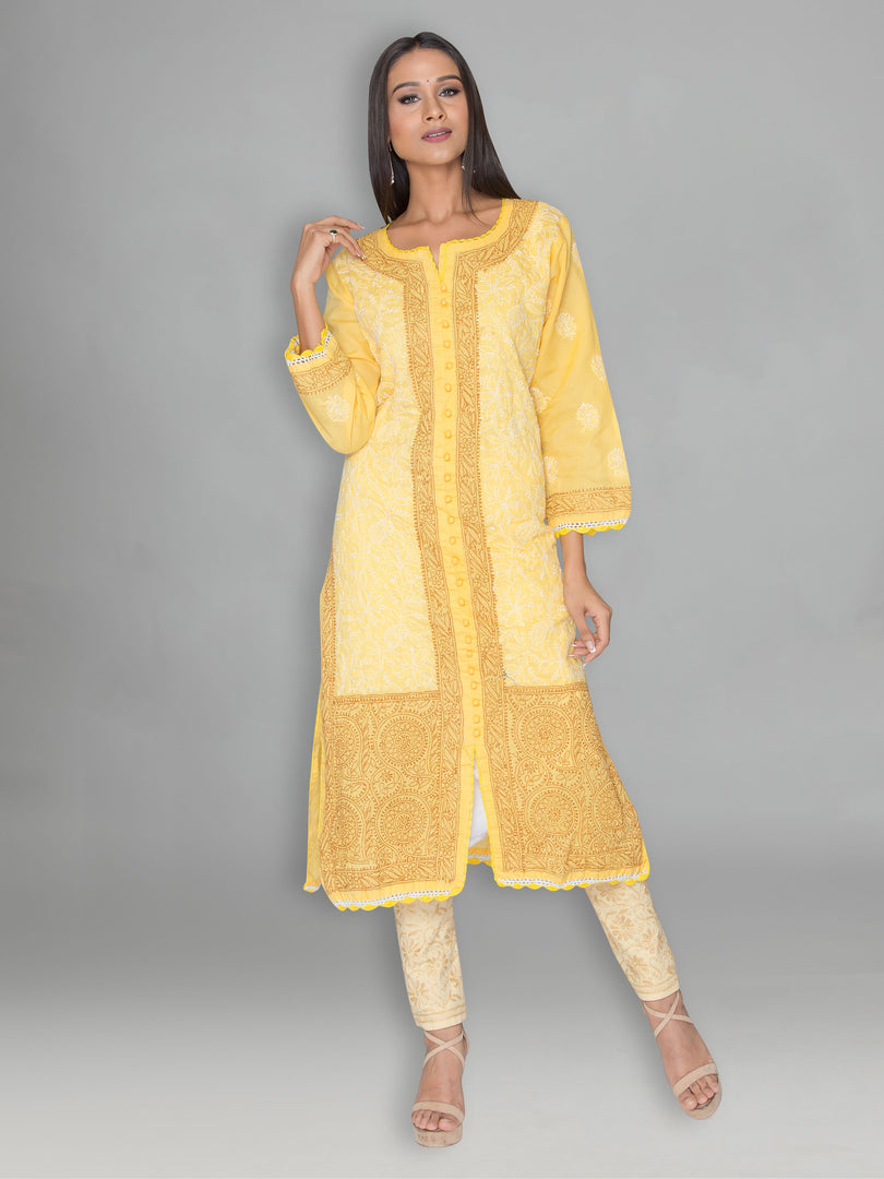 Seva Chikan Hand Embroidered Yellow Cotton Lucknowi Chikankari Kurta-SCL0912