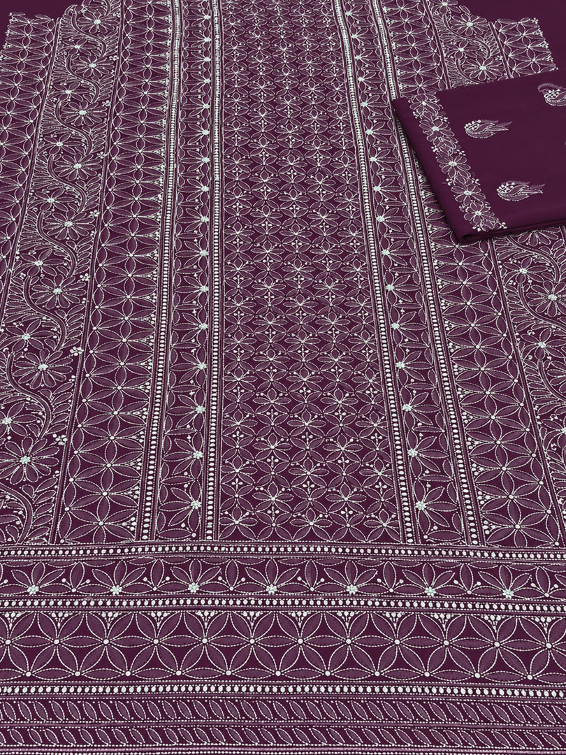 Seva Chikan Hand Embroidered Wine Georgette Lucknowi Chikankari Unstitched Suit Piece-SEV15058