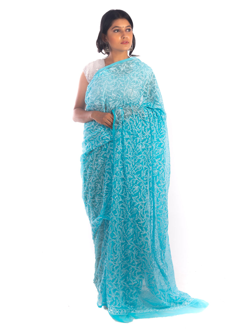 Seva Chikan Hand Embroidered Sky Blue Georgette Lucknowi Saree-SCL1758