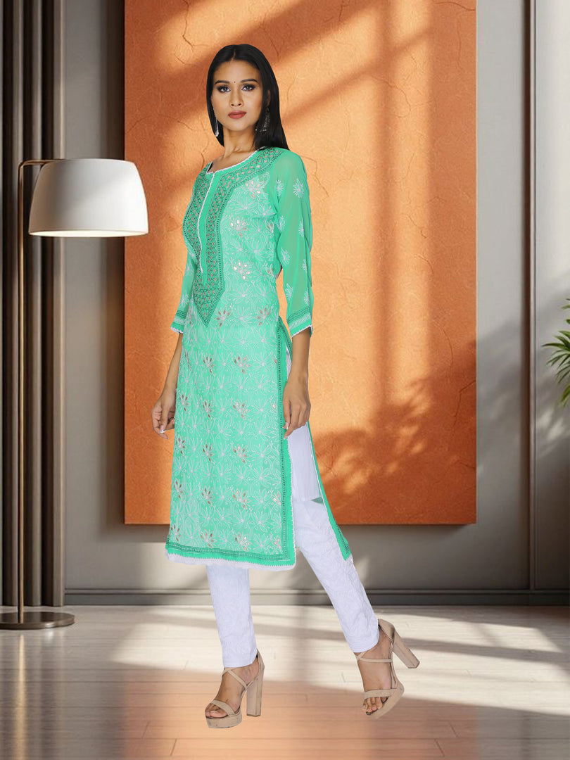Seva Chikan Hand Embroidered Green Cotton Lucknowi Chikan Kurti SCL1066