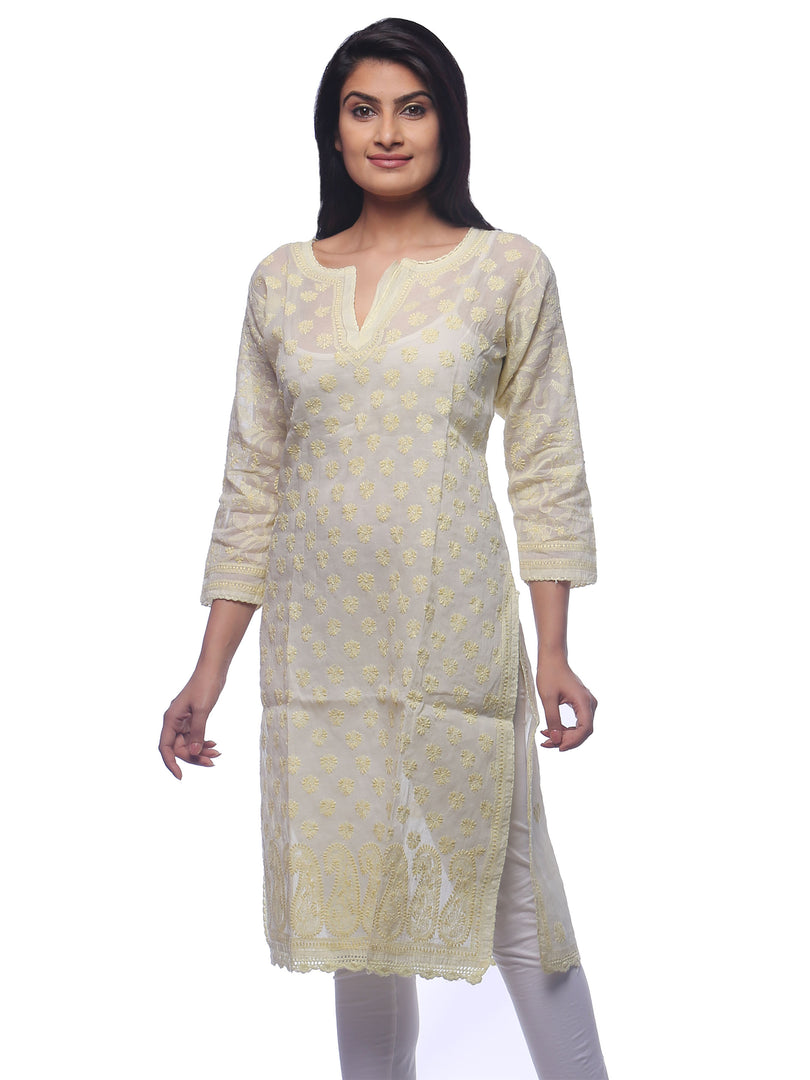 Seva Chikan Hand Embroidered Lemon Cotton Lucknowi Chikan Kurti-SCL0208