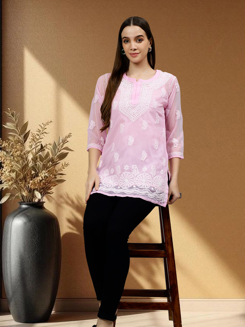 Seva Chikan Hand Embroidered Georgette Lucknowi Chikankari Top With Slip