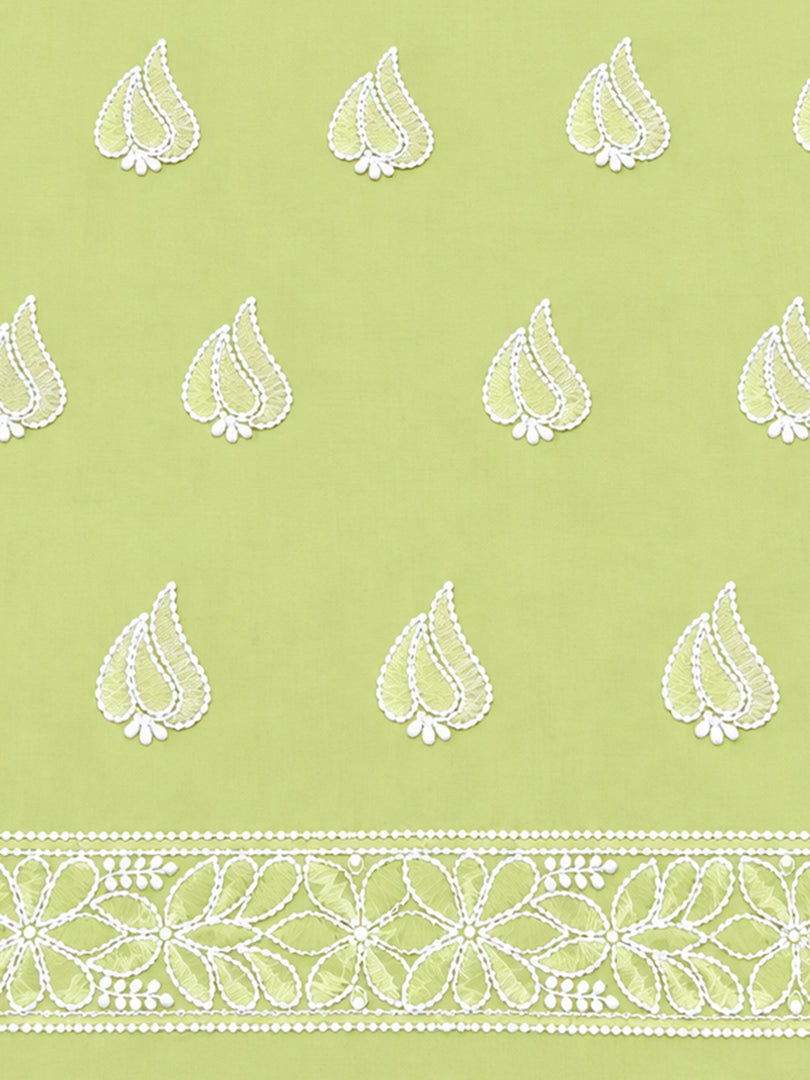Seva Chikan Hand Embroidered Pista Green Cotton Lucknowi Chikankari Unstitched Suit Piece-SEV15036