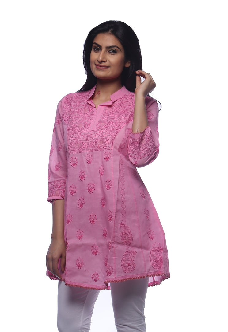 Seva Chikan Hand Embroidered Pink Cotton Lucknowi Chikankari Short Top-SCL0325