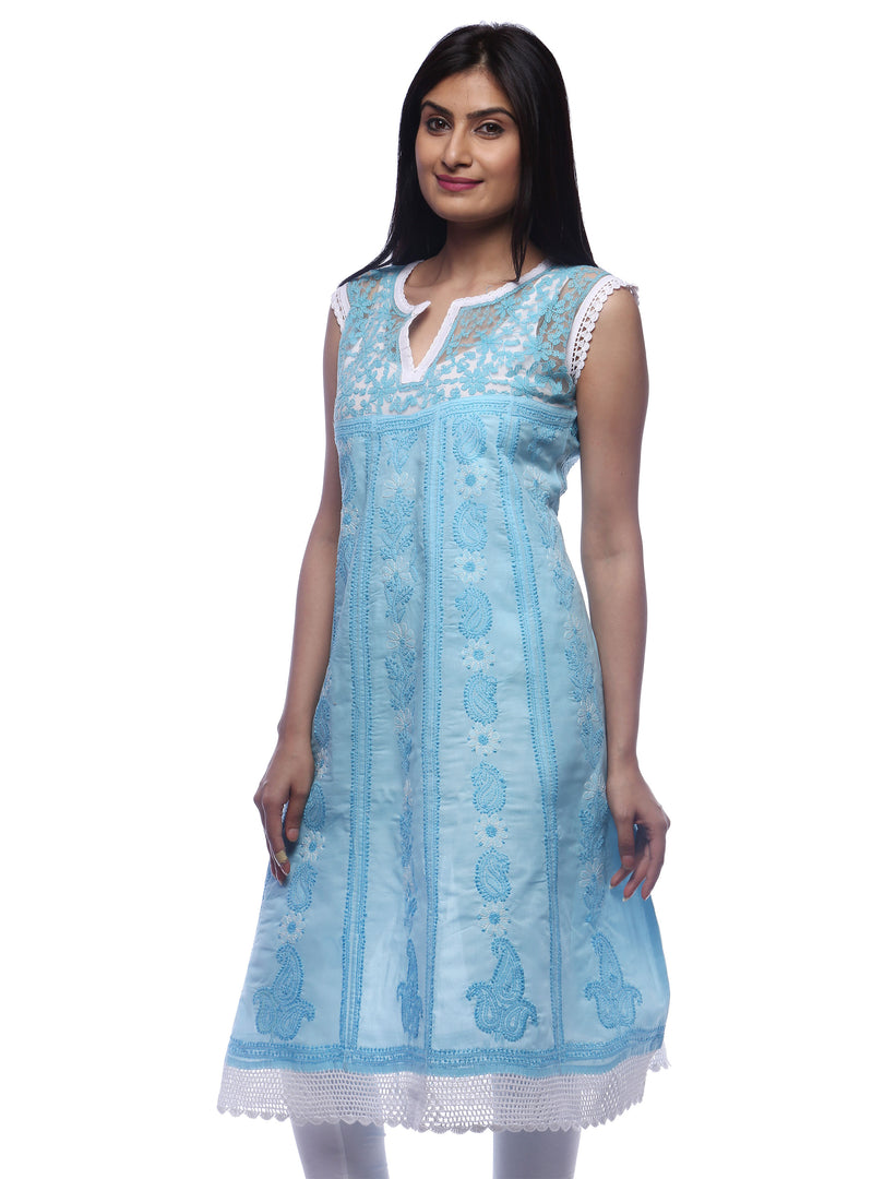 Seva Chikan Hand Embroidered Sky Blue Cotton Lucknowi Chikankari Anarkali-SCL0241
