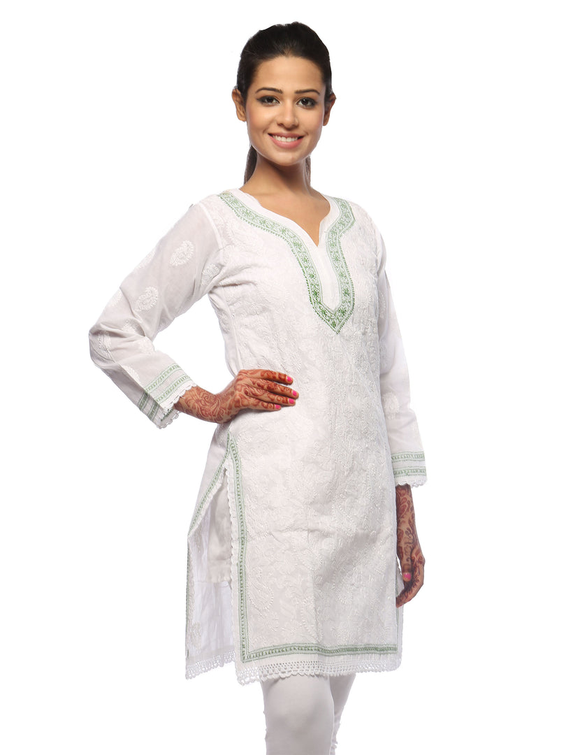 Seva Chikan Hand Embroidered White Cotton Lucknowi Chikan Kurta-SCL0631