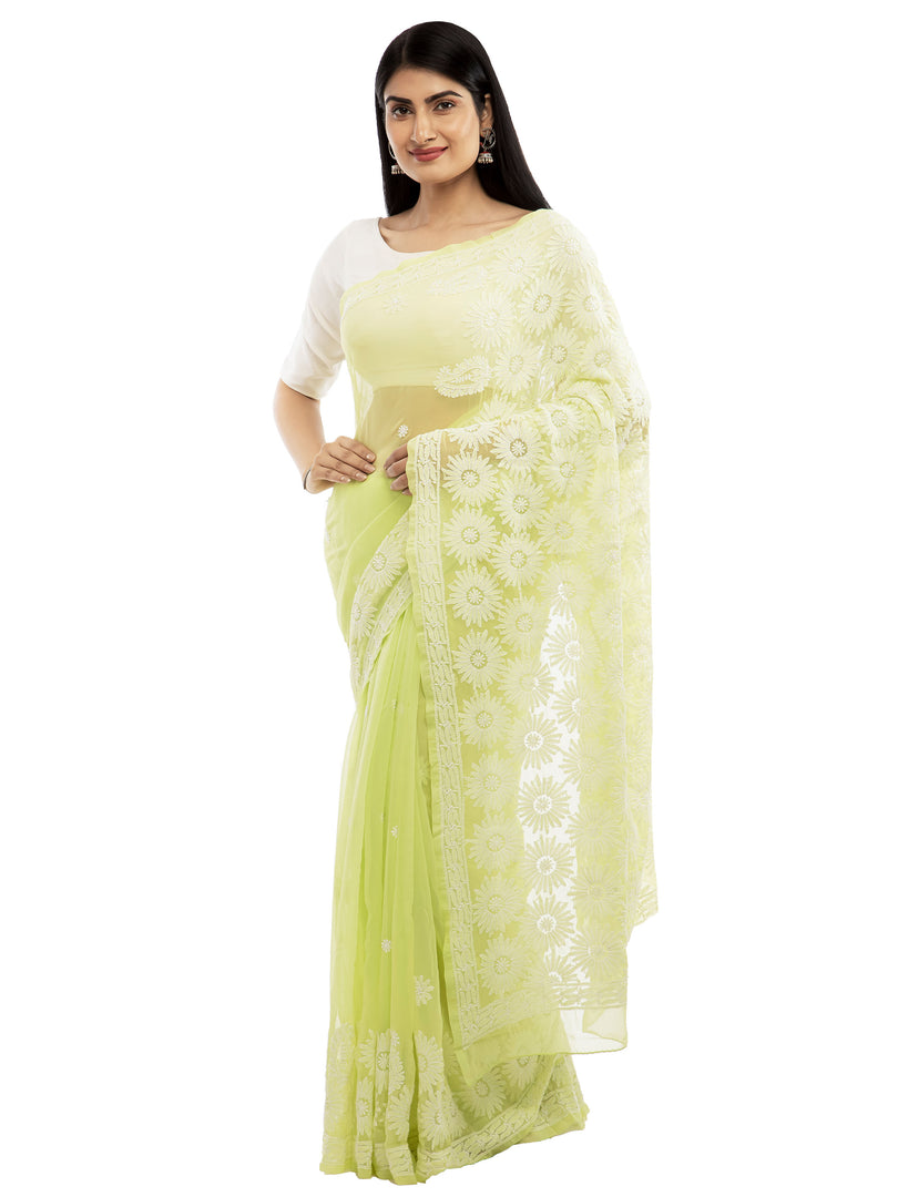 Seva Chikan Hand Embroidered Green Georgette Lucknowi Saree-SCL1984